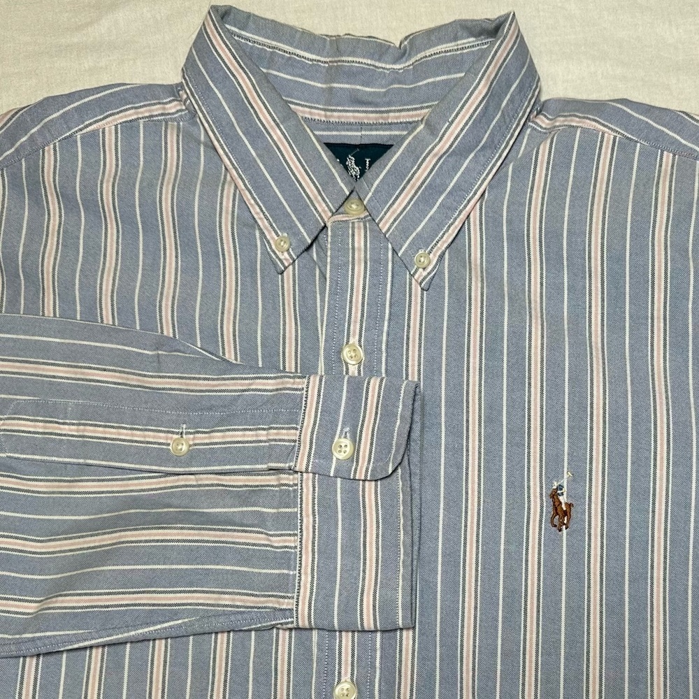 Ralph Lauren Classic Fit Striped Button Down Long Sleeve Shirt Blue Pink XL